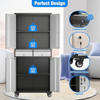 Aobabo 71" H 2 Drawer Metal Storage Cabinet with Wheels and 4 Pegboards,Lockable Steel Garage Storage Cabinet with 2 Adjustable Shelves,Black Sliver,Assembly Required