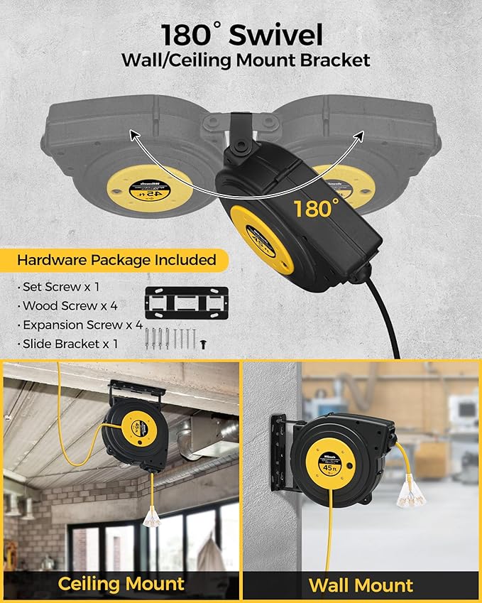 Retractable Extension Cord Reel, 45 FT Heavy Duty Power Cord, 12AWG/3C SJTOW, 3 Grounded Outlets Lighted Triple Tap for Ceiling/Wall Mount, 15 Amp Circuit Breaker, UL Listed, Yellow Y45CR06