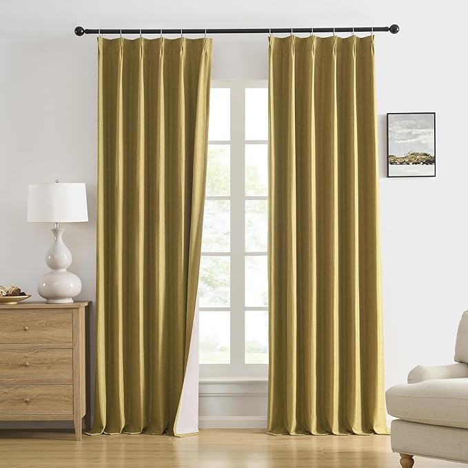 DUALIFE Mustard Yellow Pinch Pleated Blackout Curtains 63 Inches Long, Back Tab with Hooks, Linen Full Black Out Thermal Insulated Track Curtain for Bedroom Living Room,40 W x 63 L, 2 Panels