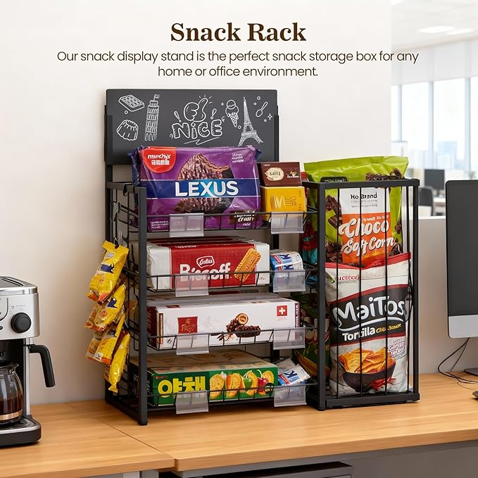 Metal Snack Rack with Frame Baskets, 4-Tier Candy & Chip Display Stand for Countertop, Organizer Shelf for Kitchen Pantry, Office, Store