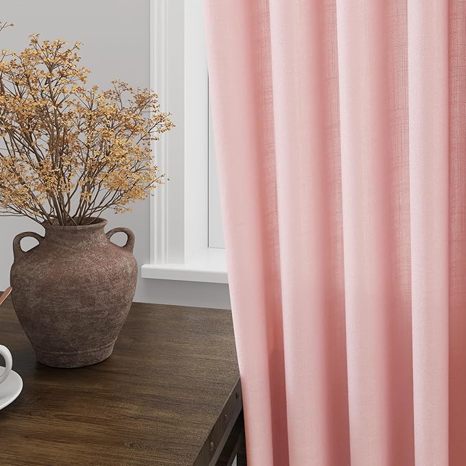 Extra Long Pink Linen Curtains 120 Inch for Kids Bedroom 2 Panels Set Rod Pocket Back Tab Light Filtering Semi Sheer Soft Linen Window Drapes Privacy High Ceiling Drapes for Farmhouse 52x120