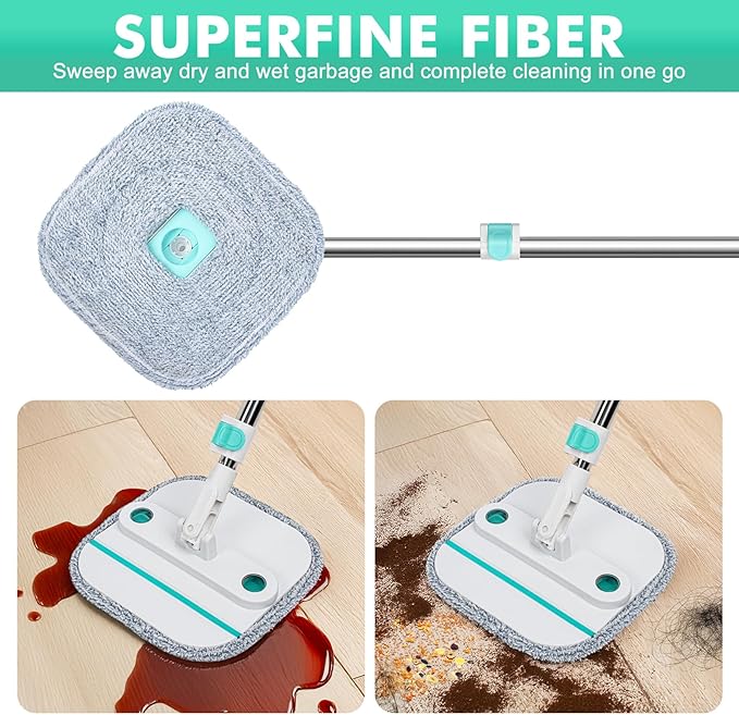 Upgraded Spin Mop and Bucket System Set, Self Separate Clean and Dirty Water, Foldable Square Standing Mop Head with Microfiber Mop Pads, Detachable Bucket (White+Blue, Mop Set with 6PC Pads)