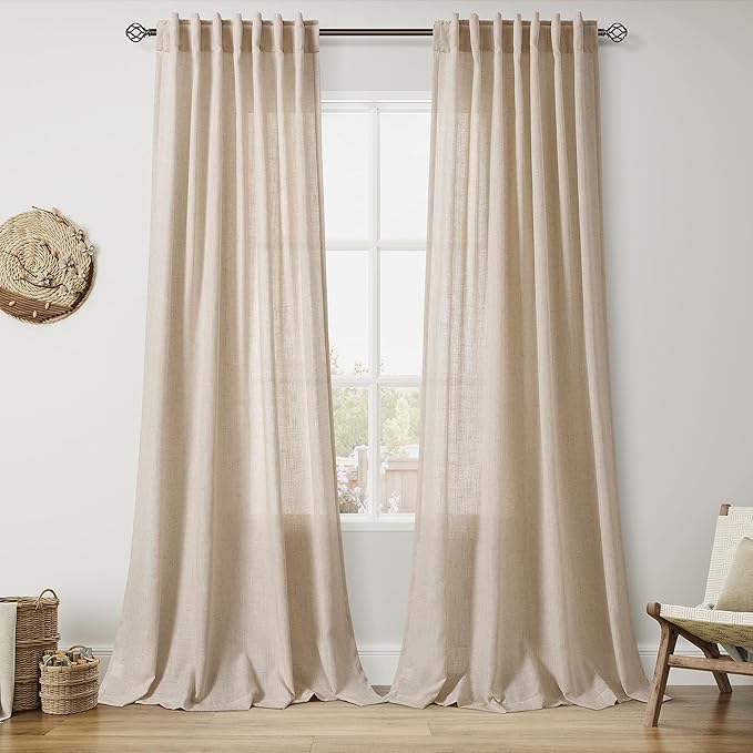 Nanspring Grey Flax 120 Inch Curtains for Living Room Linen Light Filtering Mordern Boho Sheer Curtains Back Tab and Rod Pocket Extra Long Floor to Ceiling Curtain for Bedroom Office 52x120, 2 Panels