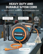 DEWENWILS Extension Cord Reel with Twist-lock Stopper, Power Retractable Cord Reel, Lightweight and Portable, Brighter Triple Tap Outlet, for Home Maintenance, Garages, Workshops, Orange