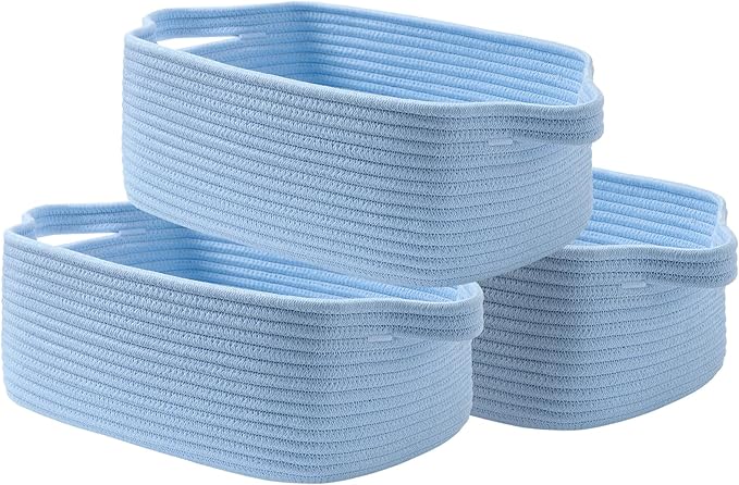 KALLAX Small Woven Basket, 14 x 10 x 5.6 Inches, Small Storage Baskets for Organizing, Gift Baskets Empty, Cute Rope Shelf Closet Storage Bins for Shelves, Dog Toy Basket, Light Blue