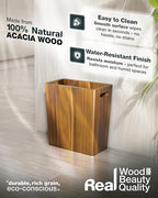 BLUEWEST 2.6 Gallons Wooden Wastebaskets – Solid Acacia Wood Trash Can with Handles, Rectangular Bin for Bathroom, Bedroom, Kitchen, Office – Brown Decorative Basket for Living Room or Under Counter