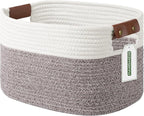 Cotton Rope Basket, Storage Baskets with Handle, 15x10x9 Inch Woven Basket for Shelves, Laundry, Towels, Clothes, Books (White Brown 1 Pack)