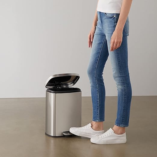Amazon Basics Smudge Resistant Small Rectangular Trash Can With Soft-Close Foot Pedal, Brushed Stainless Steel, 12L/3.2 Gal, 11.3x9.9x15.1 in, Satin Nickel Finish