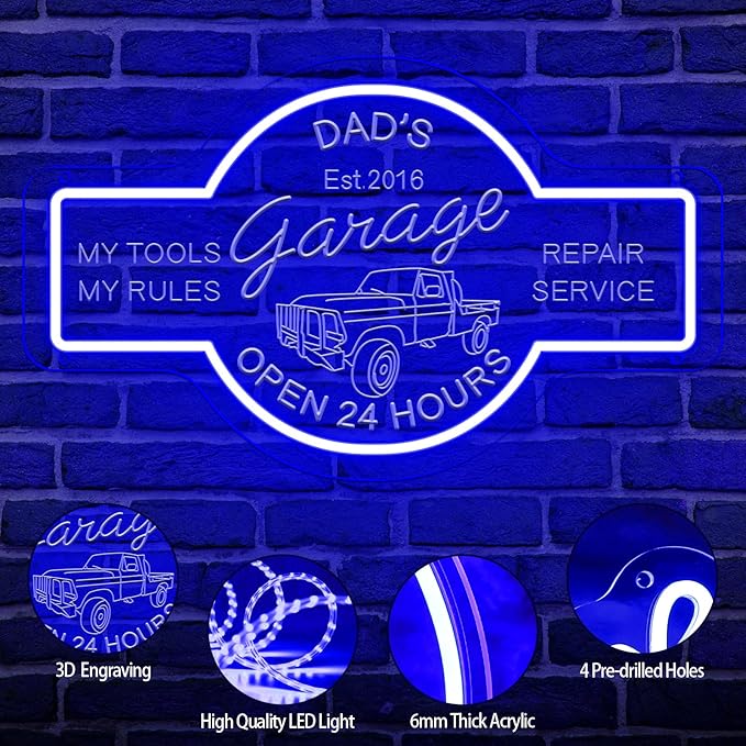 Personalized Garage Neon Sign, Custom 3D Engraved Name Garage LED Sign with Remote Control, Customized Mechanic Garage Sign for Autoshop, Workshop, Man Cave, Gift for Dad Men
