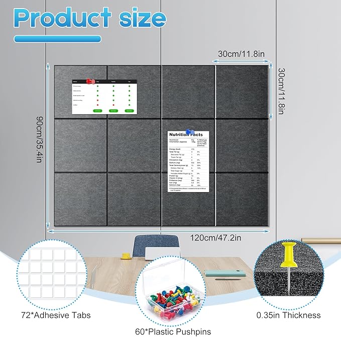 Large Cork Board for Wall 47"x 35", 12 Pack Grey Bulletin Board, Felt Wall Tiles with 72 Safe Removable Adhesive Tabs, 60 Push Pins, Cork Boards for Home Office Pin Board Tack Board