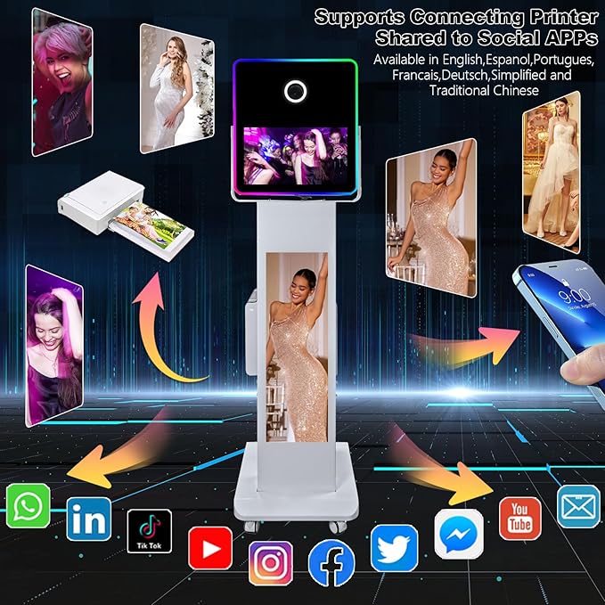 29in LCD Display Photo Booth Machine with 15.6in Mirror Touch Screen Selfie Station Shell Stand DIY Photobooth Machine with RGB Light for Parties Weddings Event (Machine+Mini Printer)