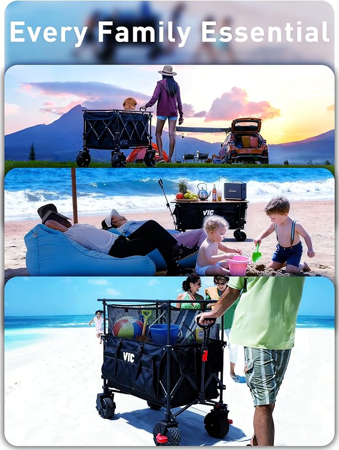 VIC 680lbs Super Cart & Table 1=5 Set, 480L Mega Capacity 54" Extra Long Double Decker Folding Wagon, Heavy Duty Collapsible Carts with Brakes, All-Terrain Big Wheels for Camping, Store, Shopping