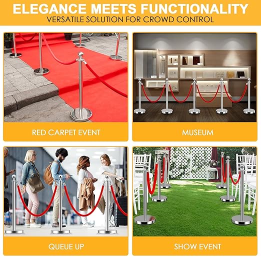 LOVMOR Crowd Control Stanchion, 12Pcs Silver Stanchion Posts Queue with 8pcs 5 ft/1.5 m Red Velvet Rope, Rope Barriers Crowd Control Barriers Queue Line for Hotel Theater Party Supplies