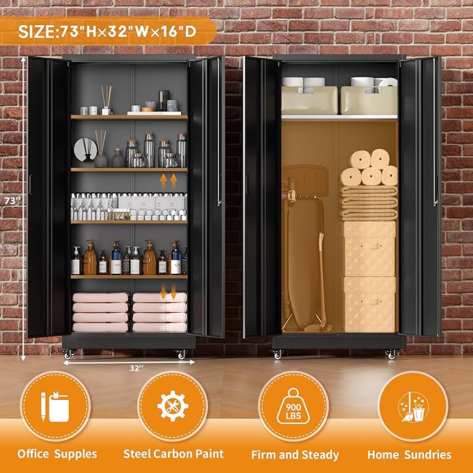 Greenvelly 73" Storage Cabinet with Wheels,Metal Rolling Garage Cabinet with Locking Doors and 4 Adjustable Shelves for Home,Kitchen,Office,Warehouse(32" W x 16" D)