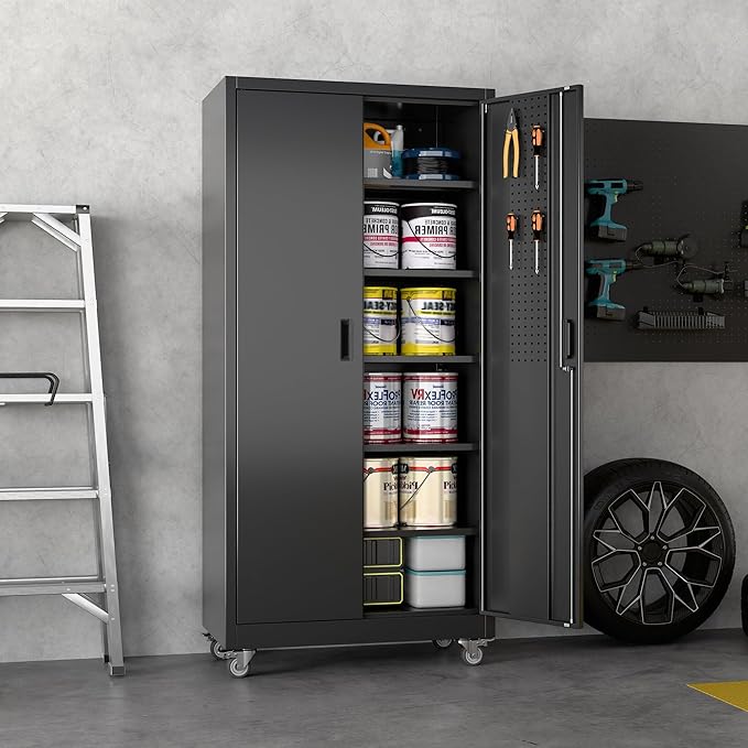 71" H×34" W×18" D Garage Storage Cabinet with Wheels, Metal Storage Cabinet with 5 Adjustable Shelves and Pegboard for Garage Home Office Utility Room,Required Assembly,Black