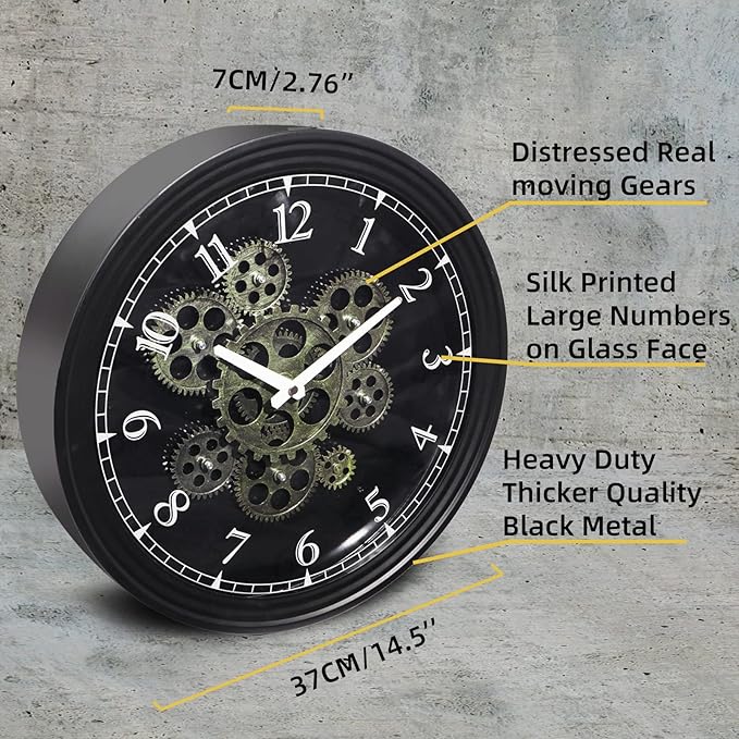 CLXEAST 15 Inch Real Moving Gear Wall Clock, Vintage Industrial Steampunk Metal Wall Clocks for Living Room Decor,Kitchen, Home Office,House Warming Gifts New Home