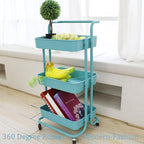 3 Tier Utility Rolling Cart Multifunction Organizer Shelf Storage Cart with 3 Piece Cups and 8 Piece Hooks for Home Kitchen Bathroom Laundry Room Office Store etc. (Blue)