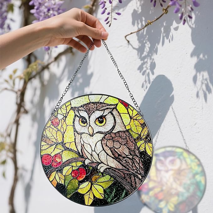 Stained Glass Window Hanging, 8 Inch Owl Suncatcher Stained Glass Ornament, Suncatchers for Windows Hanging, Sun Catchers Indoor Window, Owl Gifts, Gifts for Bird Lovers, Mom Gift