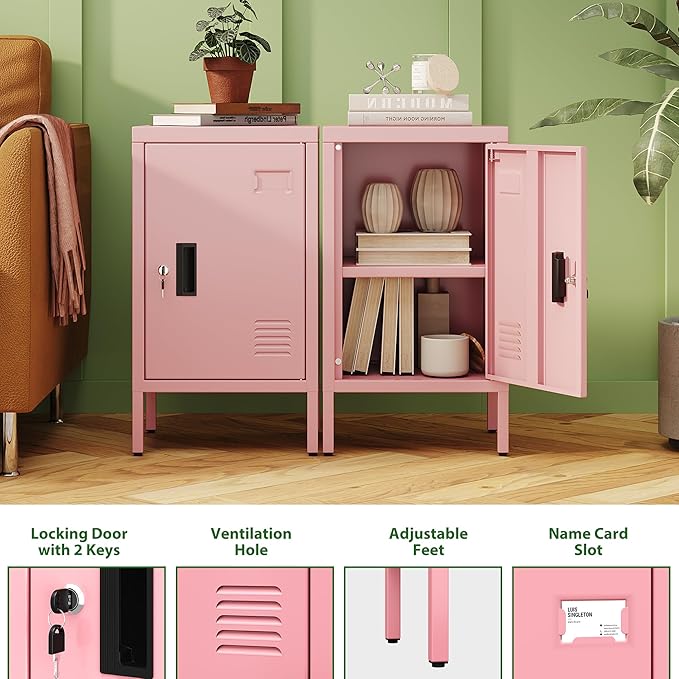 Aobabo 24.4" H Metal Locker Storage Cabinet with 1 Doors, Pantry Storage Cabinet with Adjustable Leveling Foot and Adjustable Shelves, for Kitchen, Employees, Office, Home, Assembly Required, Pink