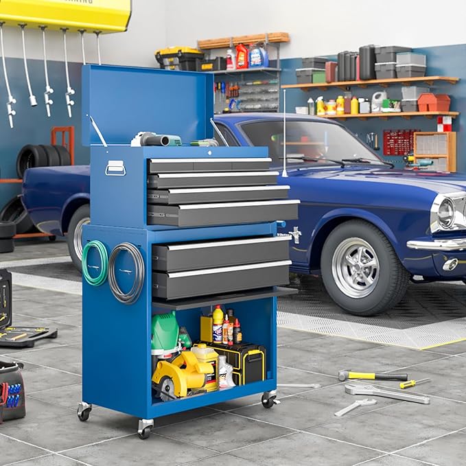 8-Drawer Tool Chest, Rolling Tool Storage Cabinet with Enhanced Packaging, Detachable Top Tool Box with Tray Divider, Liners, Metal Tool Cart for Garage Workshop, Blue
