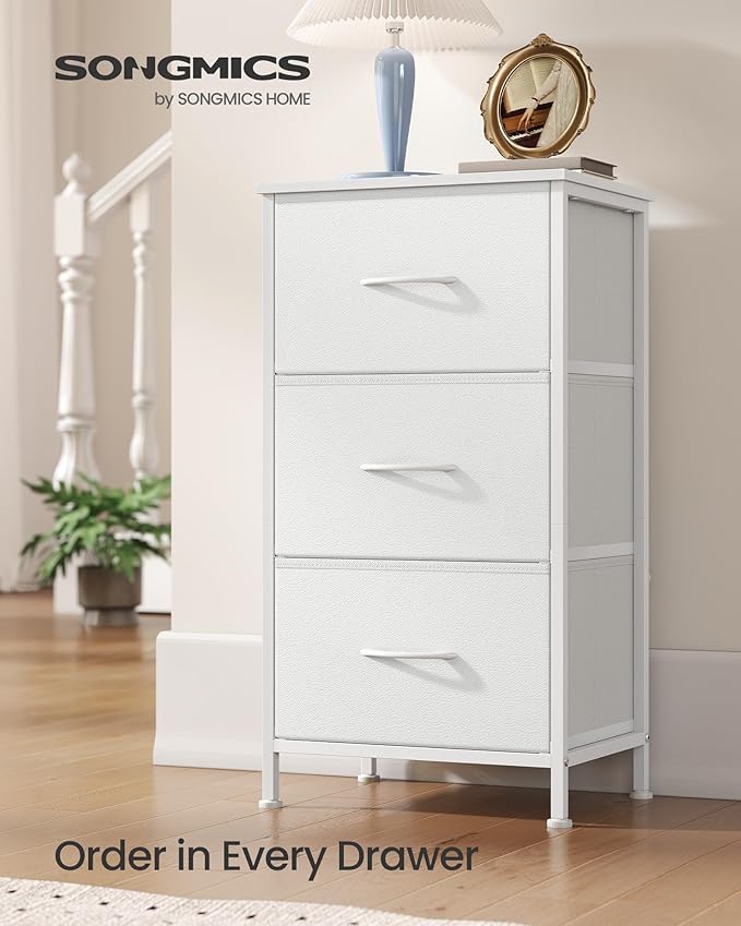 SONGMICS Dresser for Bedroom, Chest of Drawers, Steel, MDF, 3 Non-Woven Fabric Drawers, Storage Organizer Unit, Closet, Entryway, Cloud White and Snow White ULGS313W01S