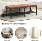 55.5" End of Bed Bench, Modern Leather Button Tufted Bedroom Bench, Upholstered Storage Shoe Bench with Metal Base, Dinning Table Bench for Living Room, Bedroom, Entryway,Brown