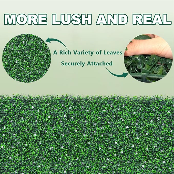Grass Wall Panels Roll, 40"x120" (33.33 sqft) Artificial Ivy with White Flower, UV-Anti Faux Boxwood Grass Wall Greenery Panels for Garden Patio Balcony Decor