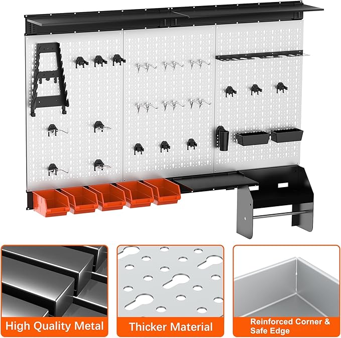 TORACK Pegboard Wall Organizer 4 ft. Garage Metal Pegboard Tool Organizer System, Tools Storage Peg Board Kit with Hooks and Accessories, Wall Mounted Storage Bins, Overhead Shelves
