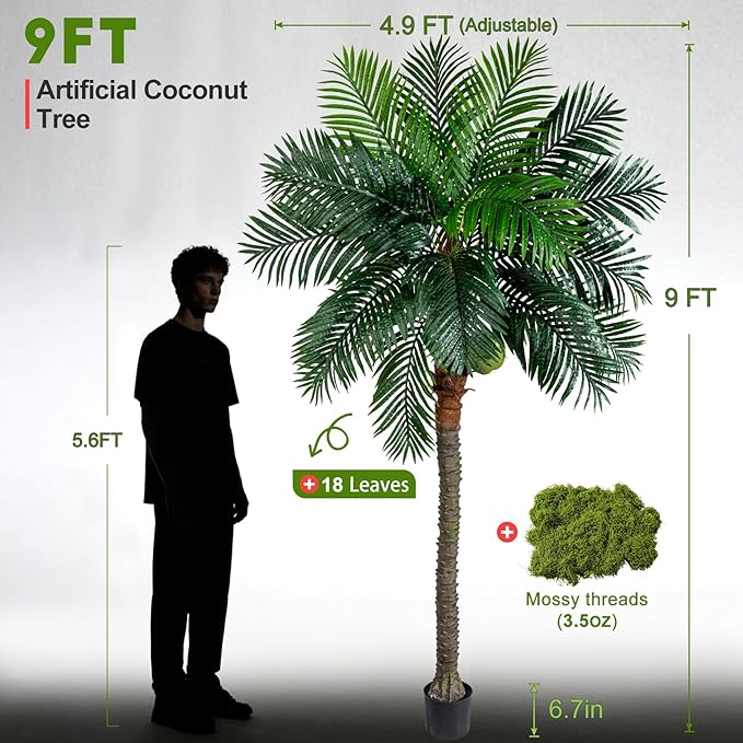 9FT Large Artificial Palm Tree Big Faux Tropical Phoenix Trees Indoor Outdoor Realistic Floor Plants Tall Fake Plant for Home Living Room Office Decor Porch Outside Patio arboles para decoracion