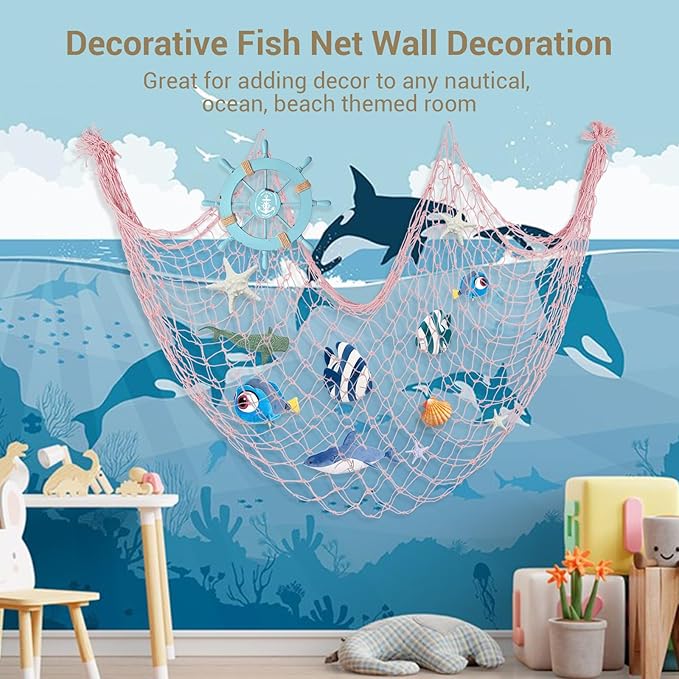 2 Pack Fish Net Decorations, 80x40 Inch Light Pink Fishing Net Decor for Under The Sea Mermaid Beach Theme Party, 3mm Thick Natural Cotton Versatile Nautical Netting for Party Wall Table Ceiling Decor
