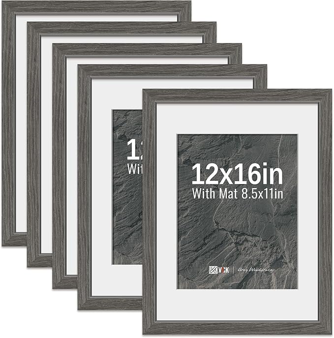 VCK 12x16 Picture Frame 5 Pack - Grey, High-End Wood Poster Frames with Tempered Glass, Display 8.5x11 Photo with Mat or 12x16 without Mat, Art Gallery-Quality, Wall Hanging, Grey