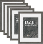 VCK 12x16 Picture Frame 5 Pack - Grey, High-End Wood Poster Frames with Tempered Glass, Display 8.5x11 Photo with Mat or 12x16 without Mat, Art Gallery-Quality, Wall Hanging, Grey
