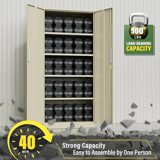 Greenvelly Metal Storage Cabinet, Gray Steel Garage Cabinet with Doors and Adjustable Shelves, Metal Cabinet with Lock,Garage Cabinets and Storage System for Garage,Home Office,School