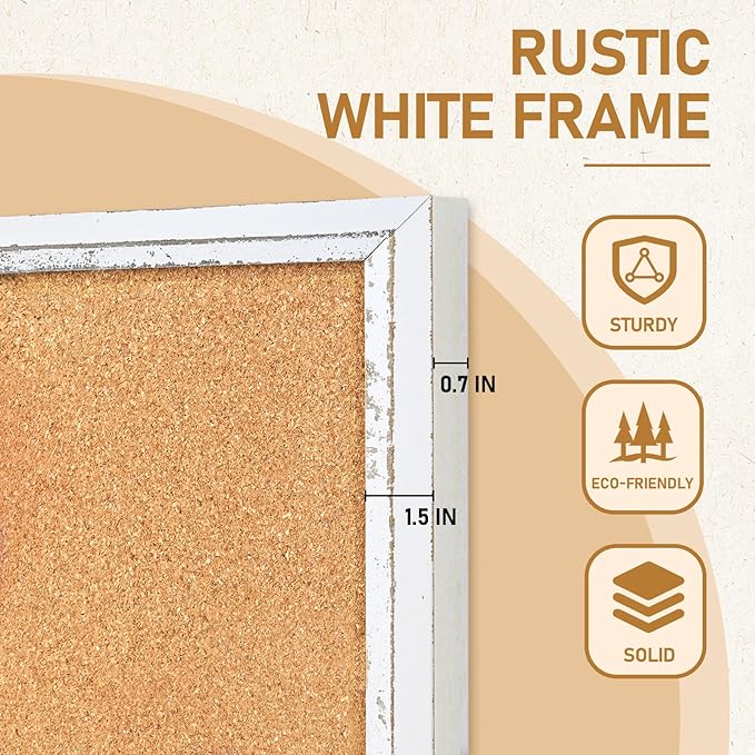 DOLLAR BOSS White Cork Board for Wall - 24 X 18 Inches, Rustic Wooden Frame Bulletin Board, Decorative Hanging Pin Board for Office & Home Decor