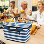 SIYUAN Picnic Basket with Handles 30L Large Stripped Insulated Cooler Leakproof Grocery Shopping Market Tote for Family Blue White