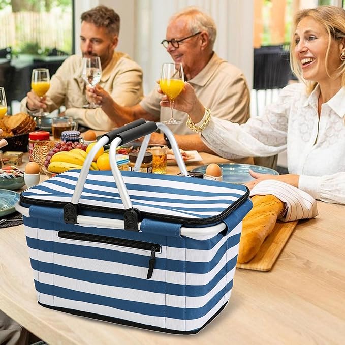 SIYUAN Picnic Basket with Handles 30L Large Stripped Insulated Cooler Leakproof Grocery Shopping Market Tote for Family Blue White