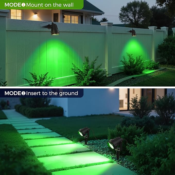 L LOHAS LED Christmas Spotlight Outdoor, Green Spot Lights for Yard, Auto On/Off 5W 120V Landscape Lighting for House, Holiday, Trees, Decoration, 450LM IP66 Waterproof, UL Listed, 2 Pack