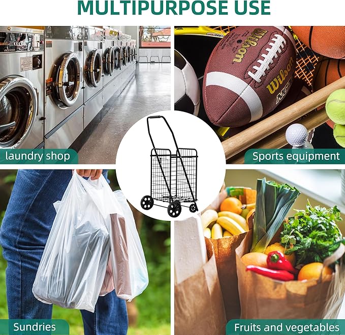 YITAHOME Folding Shopping Cart with Wheels, Portable Collapsible Grocery Cart for Seniors, Rolling Utility Cart for Laundry, Storage & Organizer (Foldable, Easy Carry)