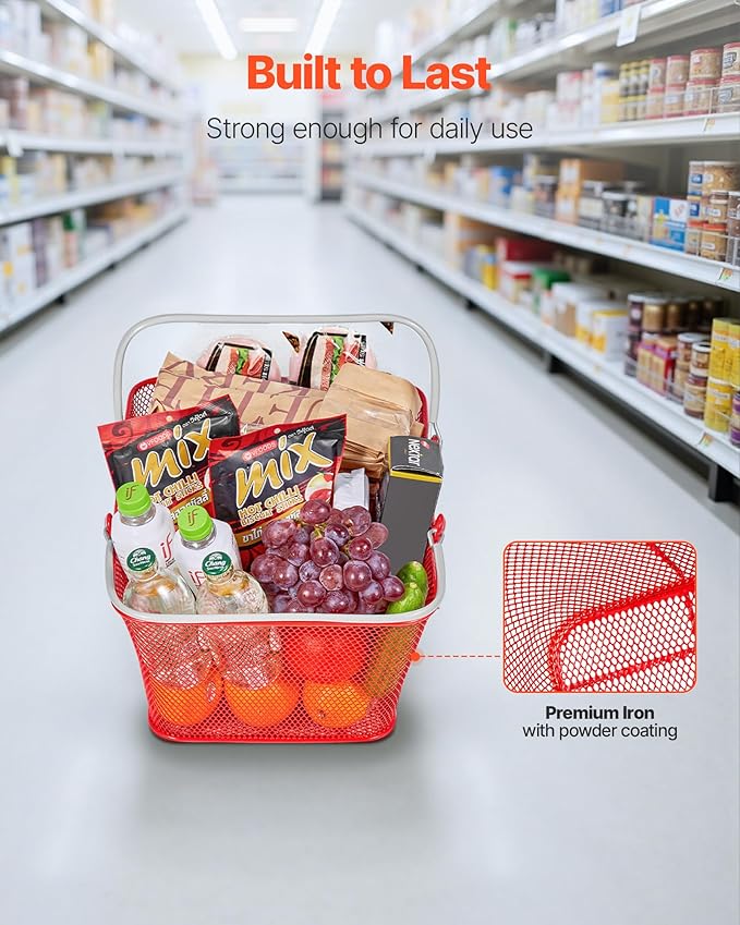 VEVOR Shopping Baskets, 12 PCS, 22L Stackable Metal Grocery Baskets with Handles, Dense Mesh Structure, Holds up to 44 lbs, Portable for Grocery, Retail, Stores, Supermarket, Bookstore, Home Use, Red
