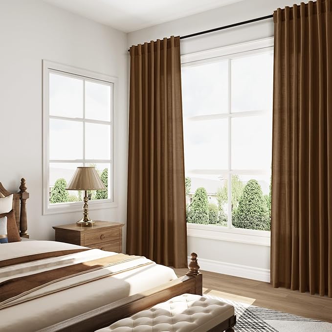 Tobacco Brown Linen Curtains 96 Inches Long for Living Room Rod Back Tab Vintage Rustic Farmhouse Cotton Textured Light Filtering Curtain 96 Inch Length for Dinning Room Bedroom 52x96