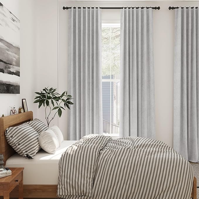 Grey Linen Textured 96 Inch Curtains 2 Panel Set Back Tab Rod Pocket Sheer Light Filtering Boho Room Decor Aesthetic Curtains Burlap Look Curtain Drapes for Living Room Bedroom 8Ft 40x96 Inch