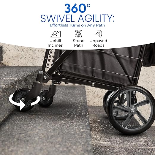 SereneLife Large Folding Utility Shopping Cart with Removable Liner – Heavy Duty, 360° Swivel Wheels, 110 lb Capacity, Portable for Groceries, Laundry, Luggage, and More (Black)