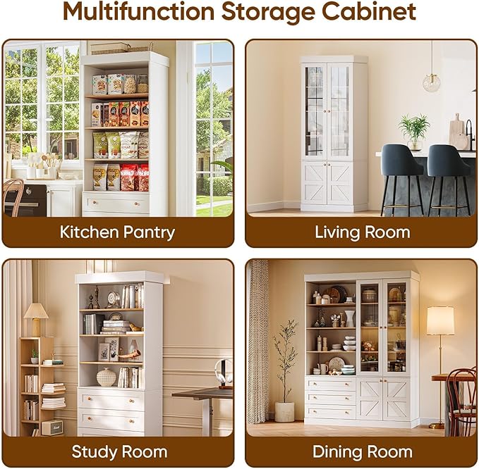 Vyre 71" Tall Farmhouse Bookshelves with Glass Doors and Drawers, Set of 4 – Large Modular Bookcase with Adjustable Shelves, Storage Cabinet for Living Room, Kitchen, White