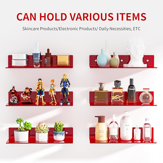 15 Inches Red Acrylic Shelves, Wall Mounted Shelves for Bedroom, Wall Display Shelves for Collectibles, Funko Pop, Speaker, Plants, 2 Pack