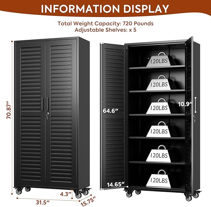 Aobabo Metal Storage Cabinet with Wheels, Locking Steel Storage Cabinet with 5 Shelves,15.75" D x 31.5" W x 71" H, for Garage School Office, Black