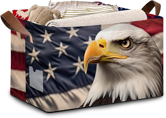 Eagle American Flag Storage Basket Large 17x11.5x10.5 Inches - Patriotic Collapsible Organizer Bin with Handles for Home,Closet,Toys - Foldable Decorative Hamper with USA Flag Design - Single Pack