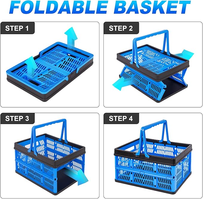 3 Packs 20L Collapsible Plastic Shopping Basket with Handles - Plastic Collapsible Storage Bins, Multi-function Collapsible Storage Crates Black & Blue