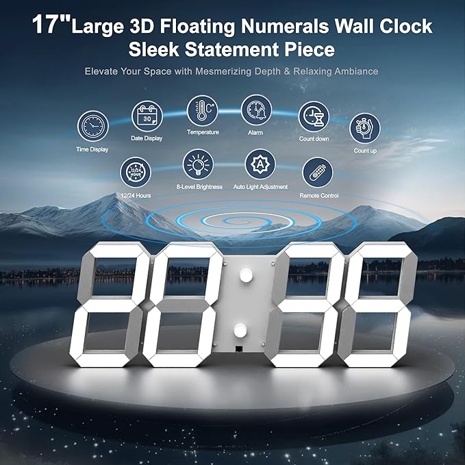 3D Digital Wall Clock 17" with Remote Control,Led Clock Adjustable Brightness Timer 12/24 Hr Time/Date/Temperature for Living Room/Office/Restaurant