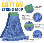 Matthew Cleaning Commercial Mop Head Replacement, 5 Inch Wide Headband, Looped End Cotton Blend String Wet Mops for Floor Cleaning, 28 oz Extra Large, 6-Pack Blue