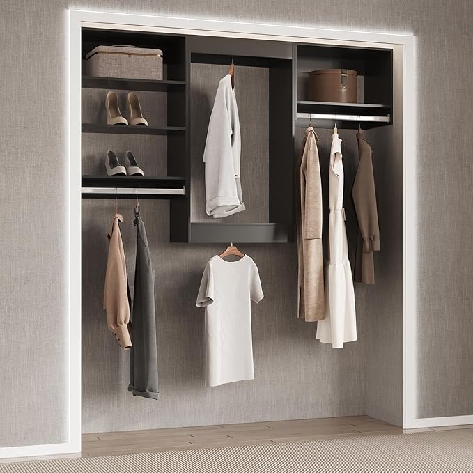 Medium Double Hanging Closet Unit, Modular Closet System, Wood Closet System Organizer with Storage for Walk In Closets, Clothing Rack Closet for Hanging Clothes, Bedroom, Black, 22.5"W